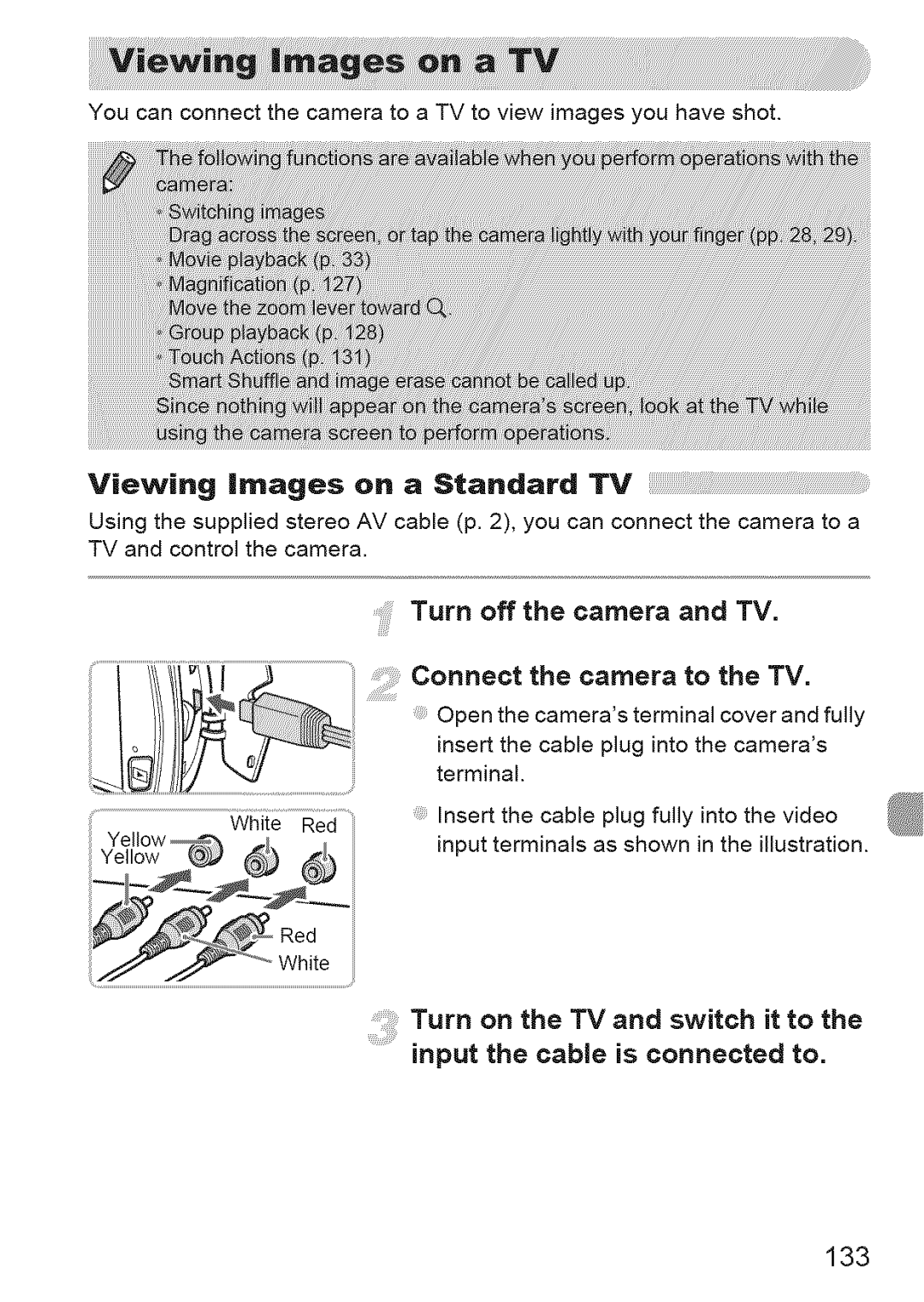 Canon 310 HS, ELIPH 500 HS Viewing images on a Standard TV, Turn off the camera and TV, Connect the camera to the TV, 133 