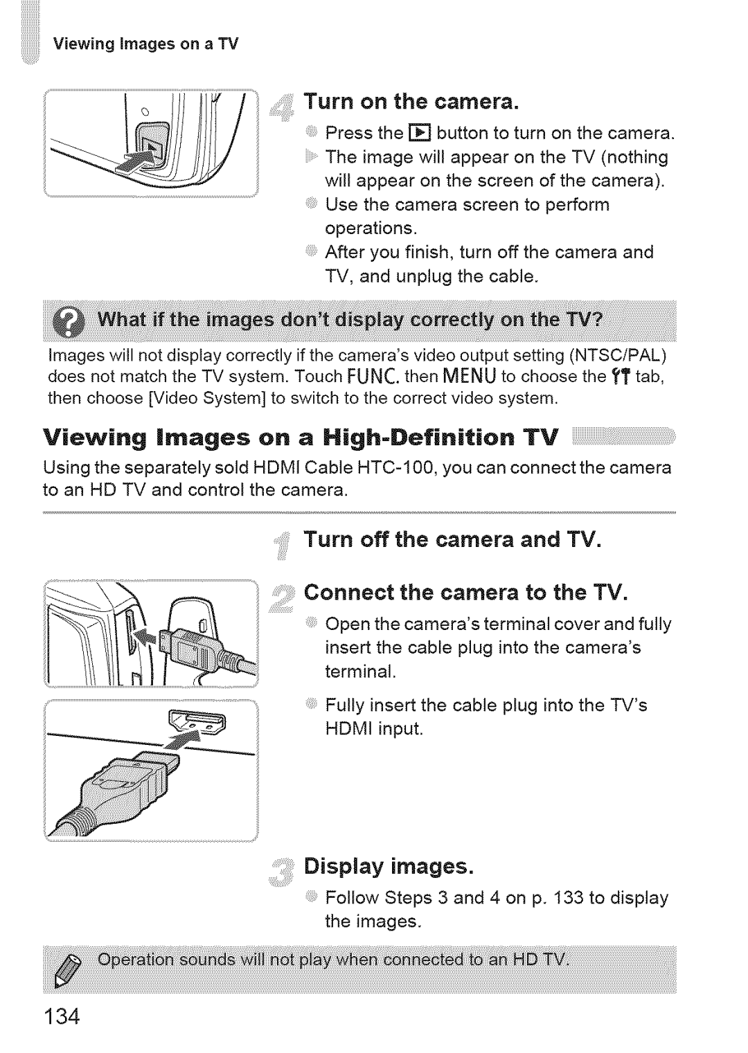 Canon ELIPH 500 HS, 310 HS manual Turn on the camera, Viewing images on a High=Definition TV, Display images, 134 