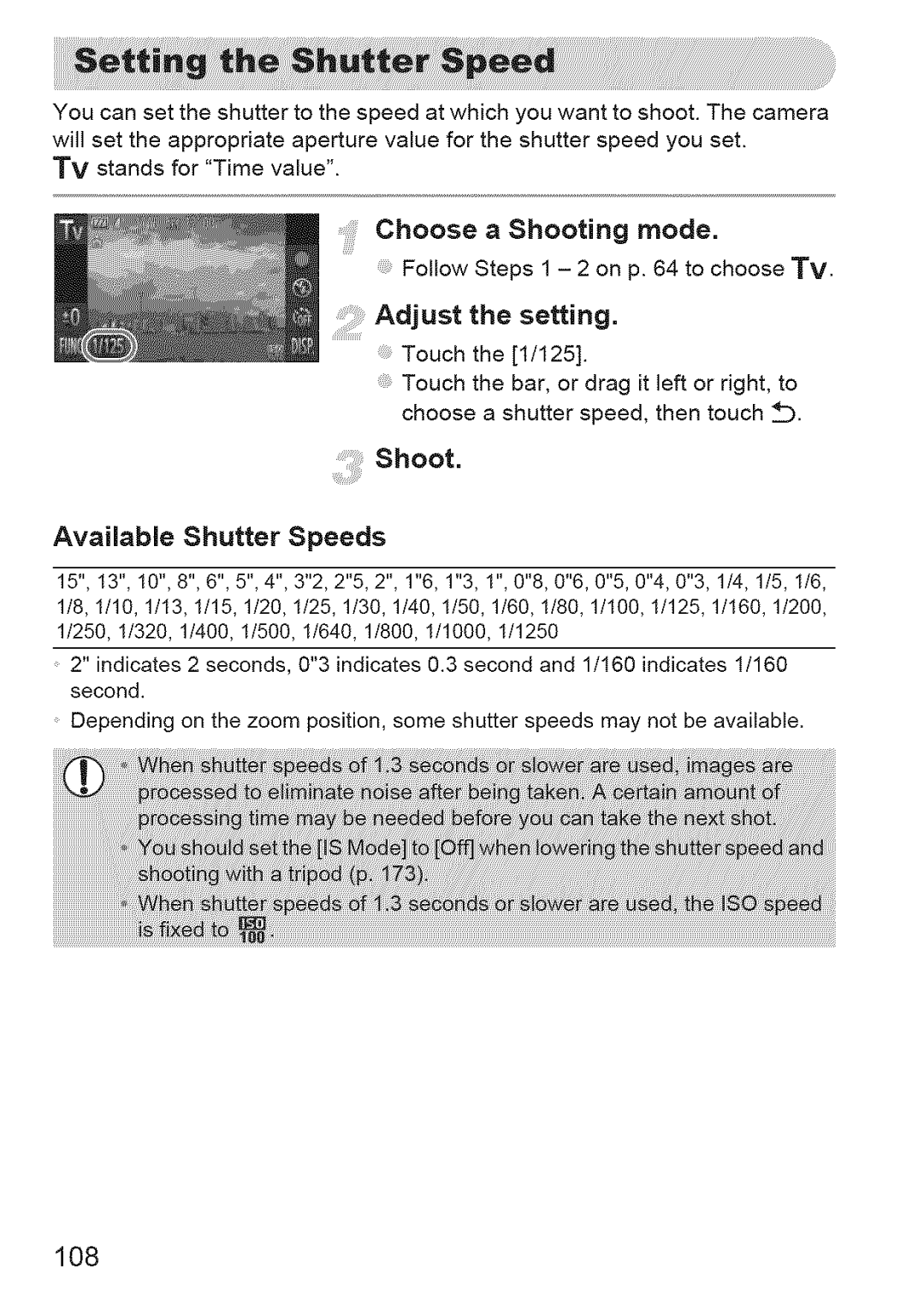 Canon ELIPH 500 HS, 310 HS manual Choose a Shooting mode, Adjustthesetting, Available Shutter Speeds, 108 