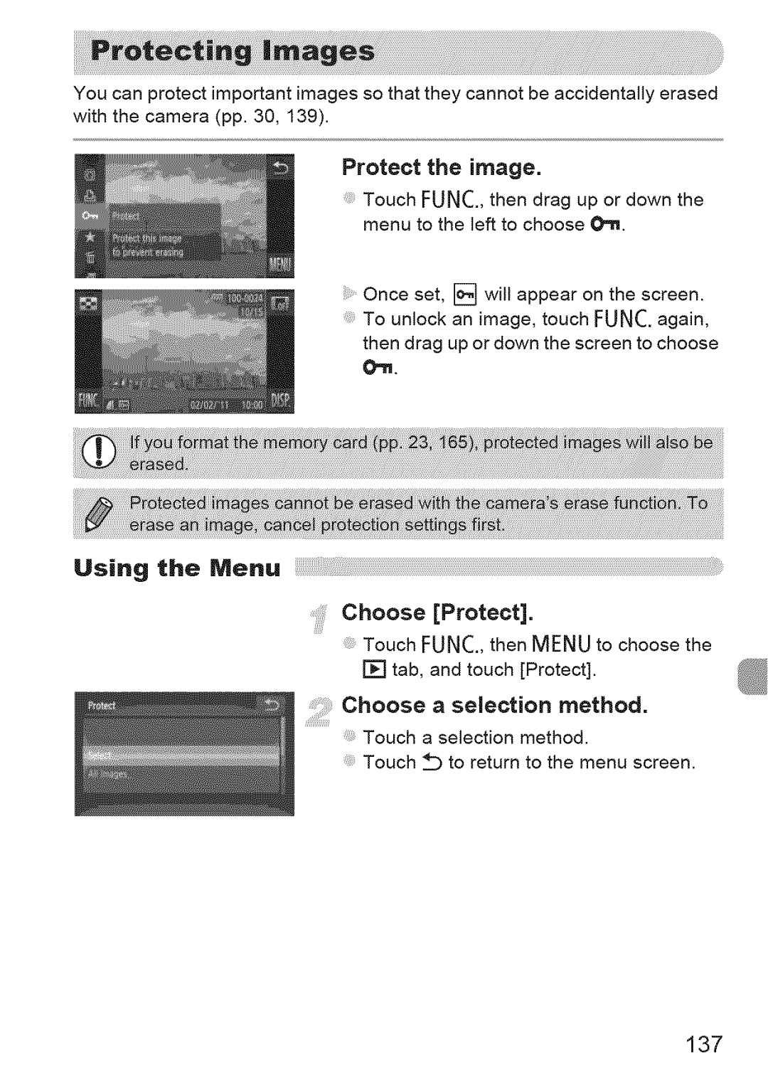 Canon 310 HS, ELIPH 500 HS manual Protect the image, Choose Protect, Choose a se,ection method, 137 