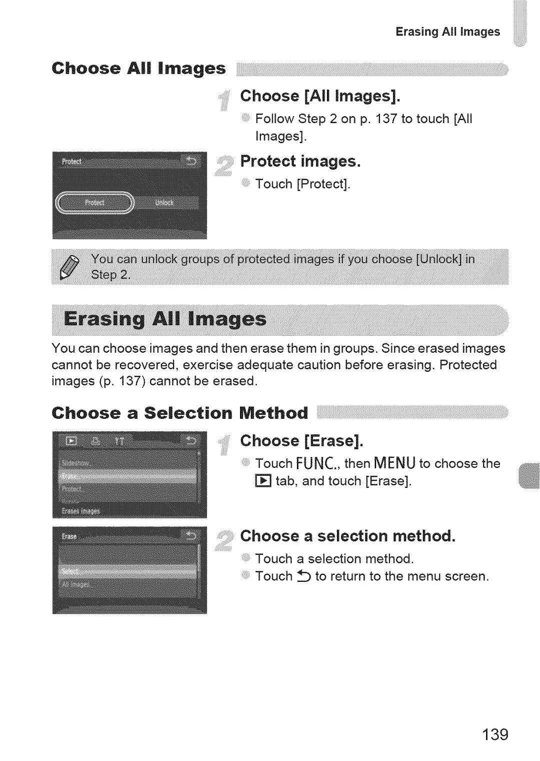 Canon 310 HS, ELIPH 500 HS manual Choose All images, Protect images, Choose a Selection Method 