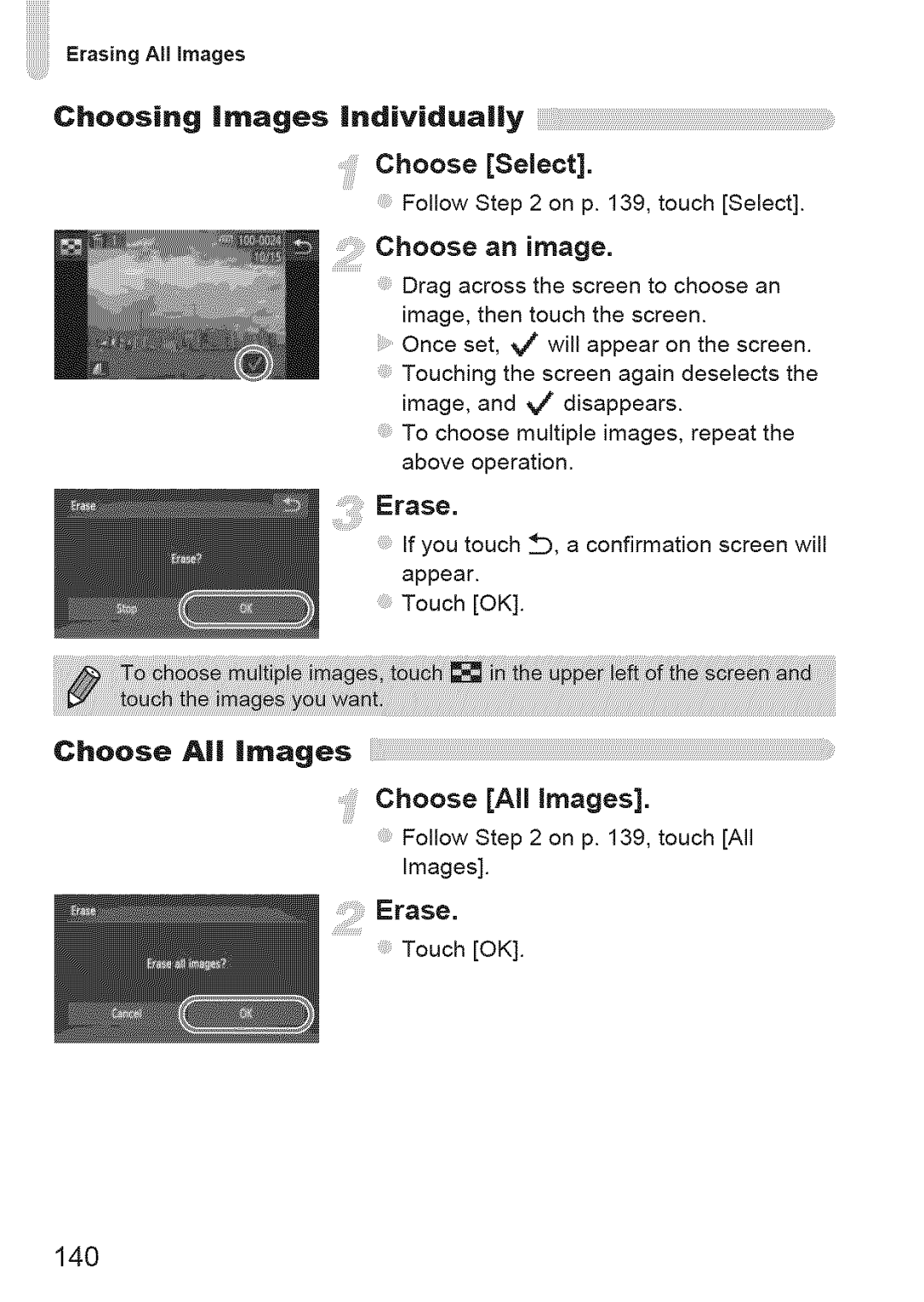 Canon ELIPH 500 HS, 310 HS manual ErasingAtlNmages, Choose Ai mages, Choose All images, Erase, 140 