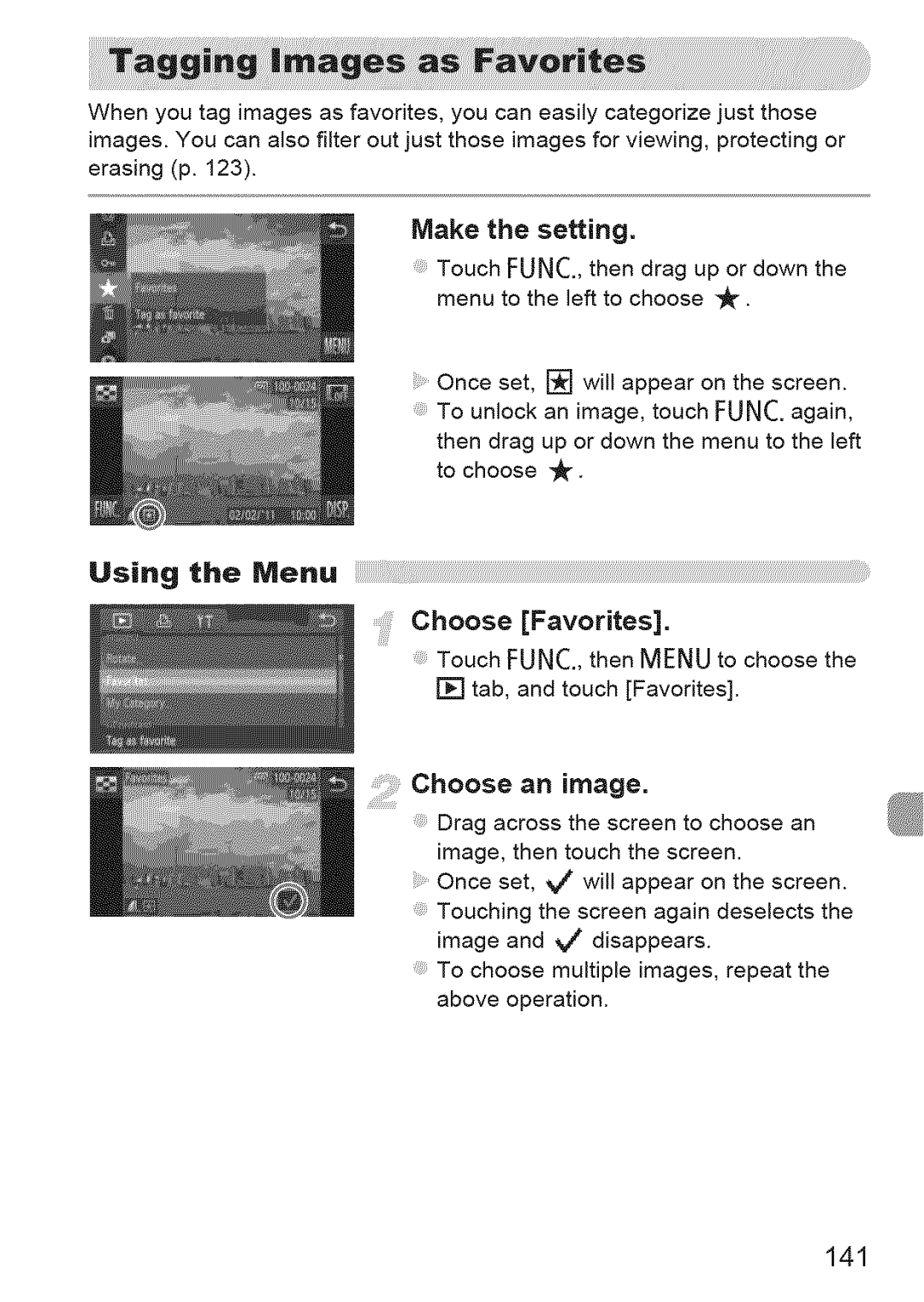 Canon 310 HS, ELIPH 500 HS manual Make the setting, Choose Favorites, 141 