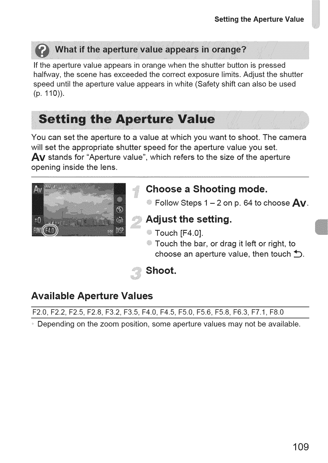 Canon 310 HS, ELIPH 500 HS manual Adjustthe setting, Setting.e Apet.reValueiiiiiiii, Available Aperture Values, 109 