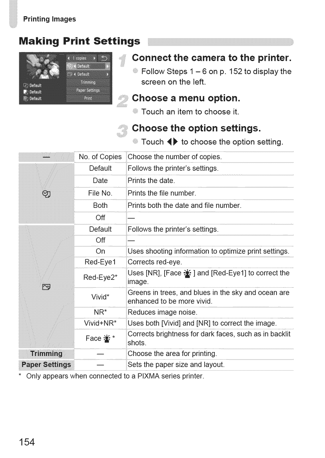 Canon ELIPH 500 HS, 310 HS manual Chooseamenuoption, Choose the option, Settings, 154 