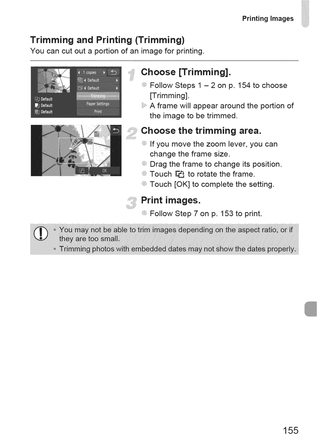 Canon 310 HS, ELIPH 500 HS manual Trimming and Printing Trimming, Choose Trimming, Choose the trimming area, 155 