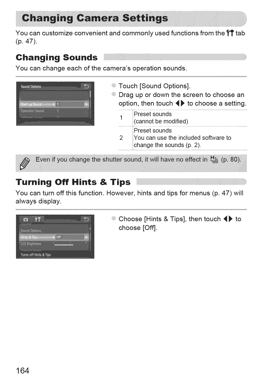 Canon ELIPH 500 HS, 310 HS manual Turning Off Hi.ts & Tips, 164 