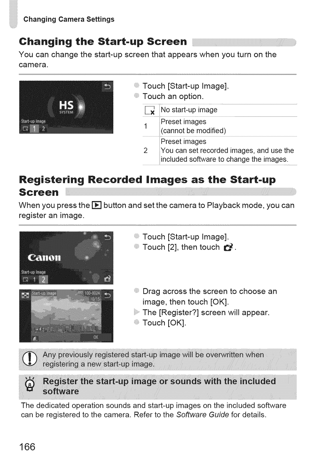 Canon ELIPH 500 HS, 310 HS manual Registering Recorded images as the Start-up, Screen, 166 