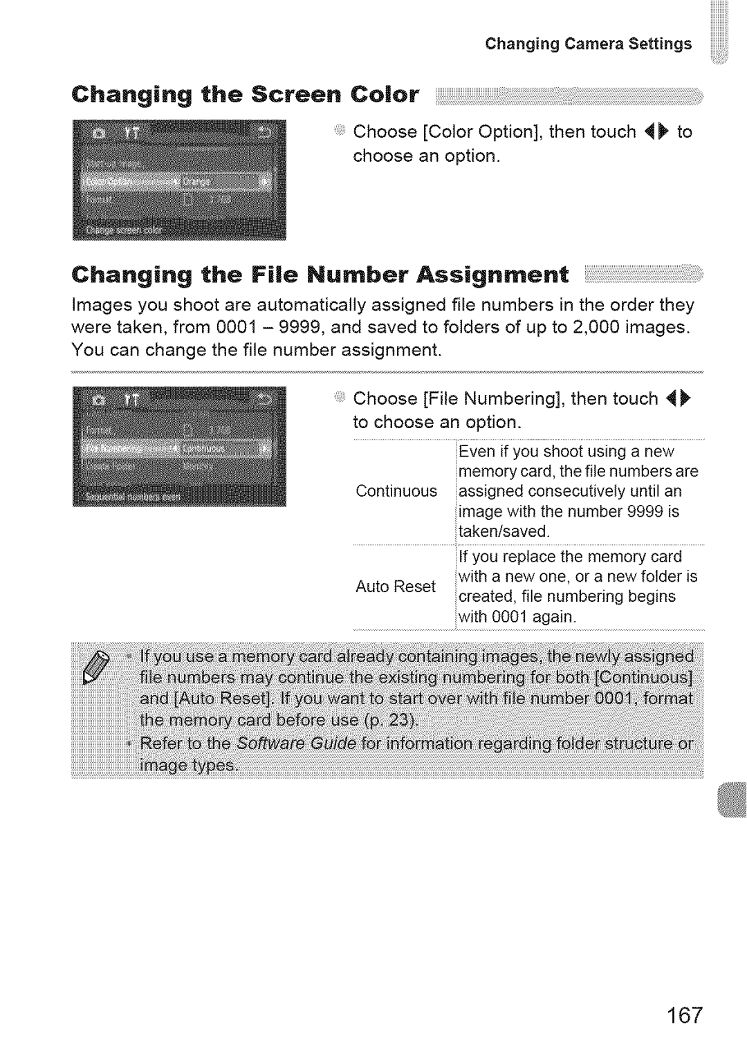 Canon 310 HS, ELIPH 500 HS Evenifyoushooiusinganew, Changing the Screen Color, Changing the File Number Assignment, 167 