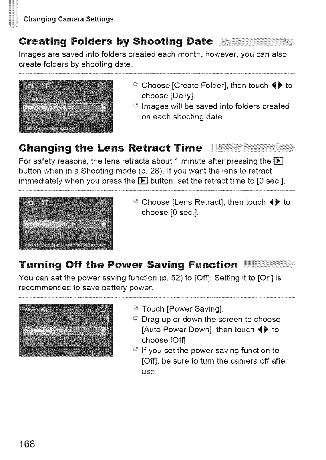 Canon ELIPH 500 HS, 310 HS manual Creating Folders by Shooting Date, Changing the Lens Retract Time, 168 