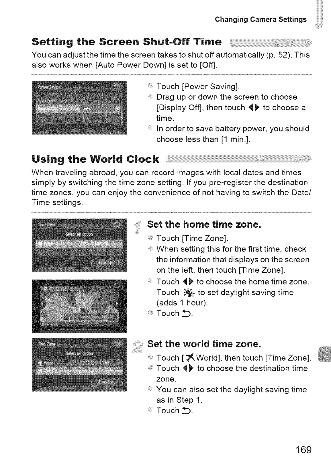 Canon 310 HS SetthewoHdt mezone, Setting the Screen Shut-Off Time, Using the WorJd Clock, Set the home time zone, 169 