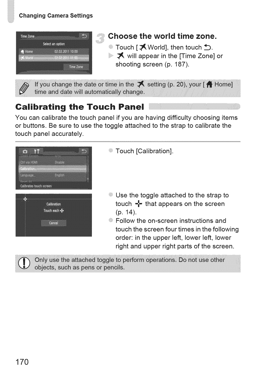 Canon ELIPH 500 HS, 310 HS manual Choose the world time zone, Calibrating the Touch Panel, 170 