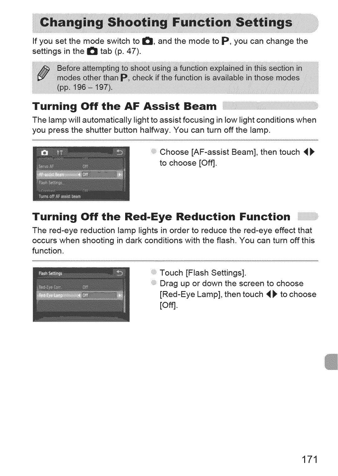 Canon 310 HS, ELIPH 500 HS manual Turning Off the AF Assist 8earn, Turning Off the Red-Eye Reduction Function, 171 