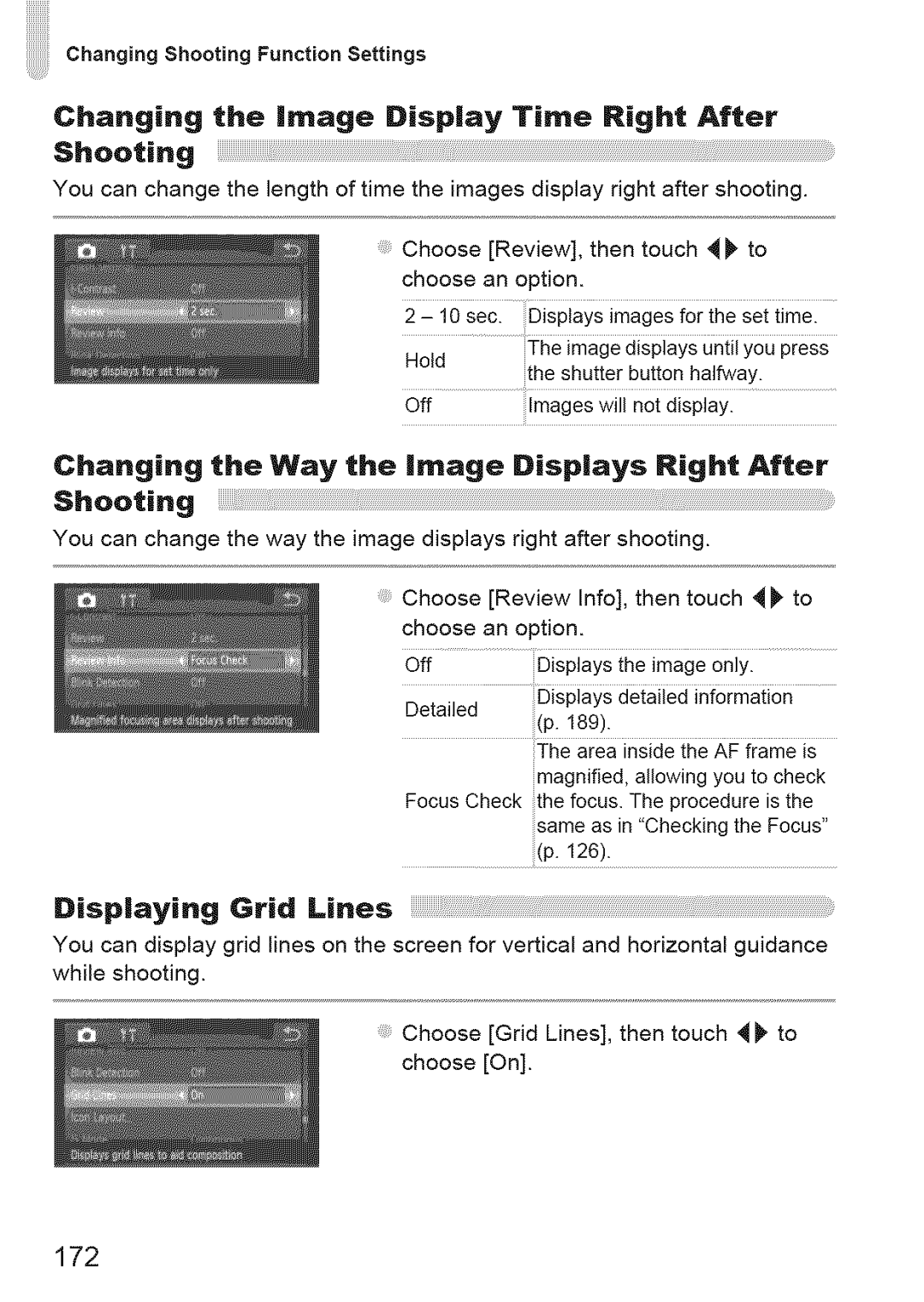 Canon ELIPH 500 HS, 310 HS manual Changing the Way the image Displays Right After Shooting, Displaying Grid Lines, 172 