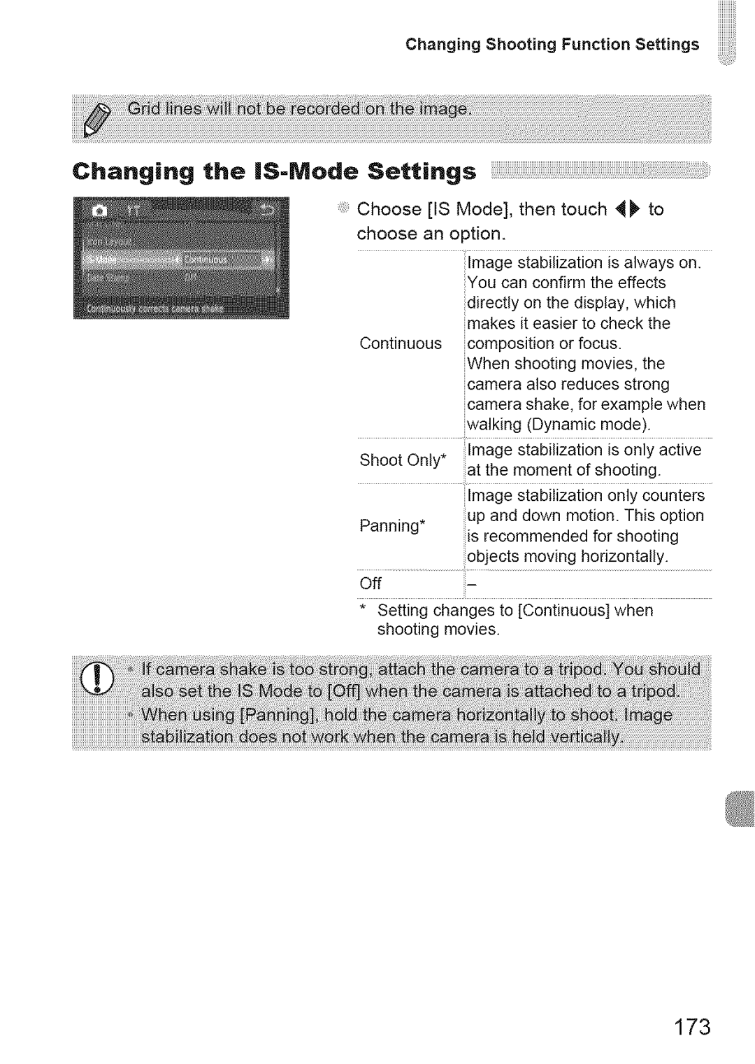 Canon 310 HS, ELIPH 500 HS manual Choo,oShoot,o e,,oo, Changing the IS-ModeSettings, 173 