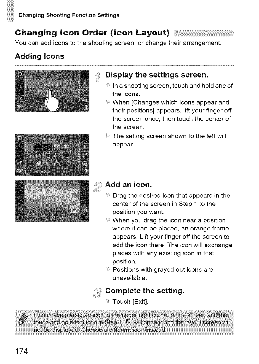 Canon ELIPH 500 HS, 310 HS manual Adding icons Display the settings screen, 174 