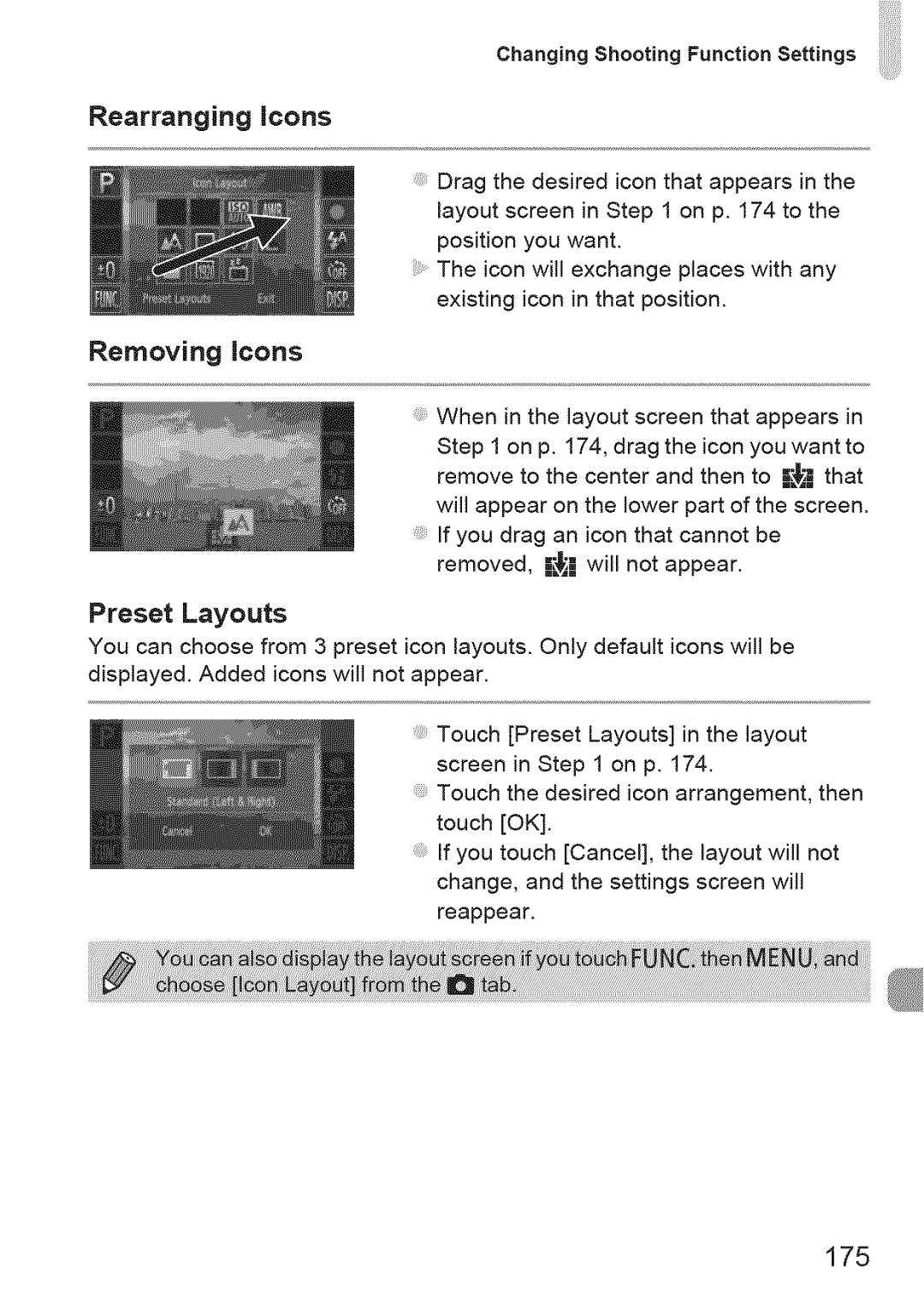 Canon 310 HS, ELIPH 500 HS manual Rearranging icons, Removing icons, Preset Layouts, 175 