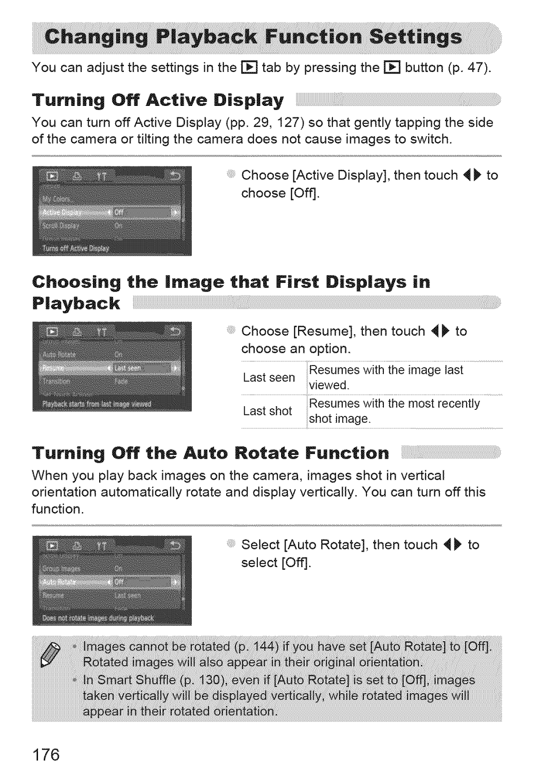 Canon ELIPH 500 HS, 310 HS manual Turning Off Active Display, Choosing the image that First Displays Playback, 176 