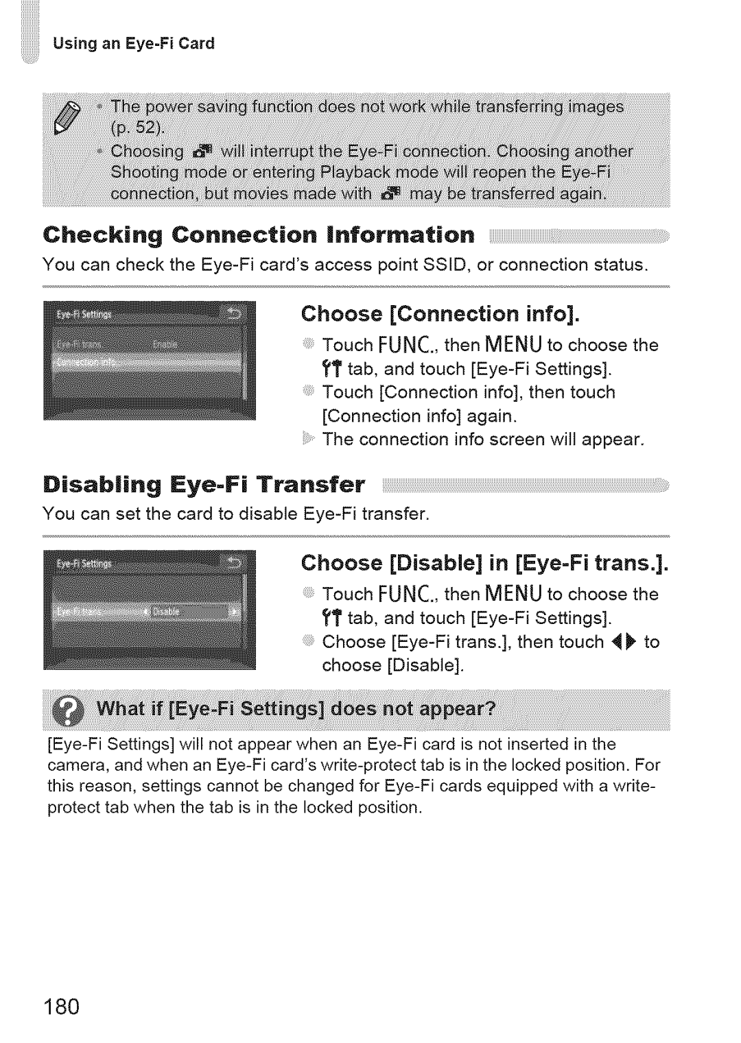 Canon ELIPH 500 HS, 310 HS manual Choose Connection info, Choose Disable in Eye-Fi trans, 180 