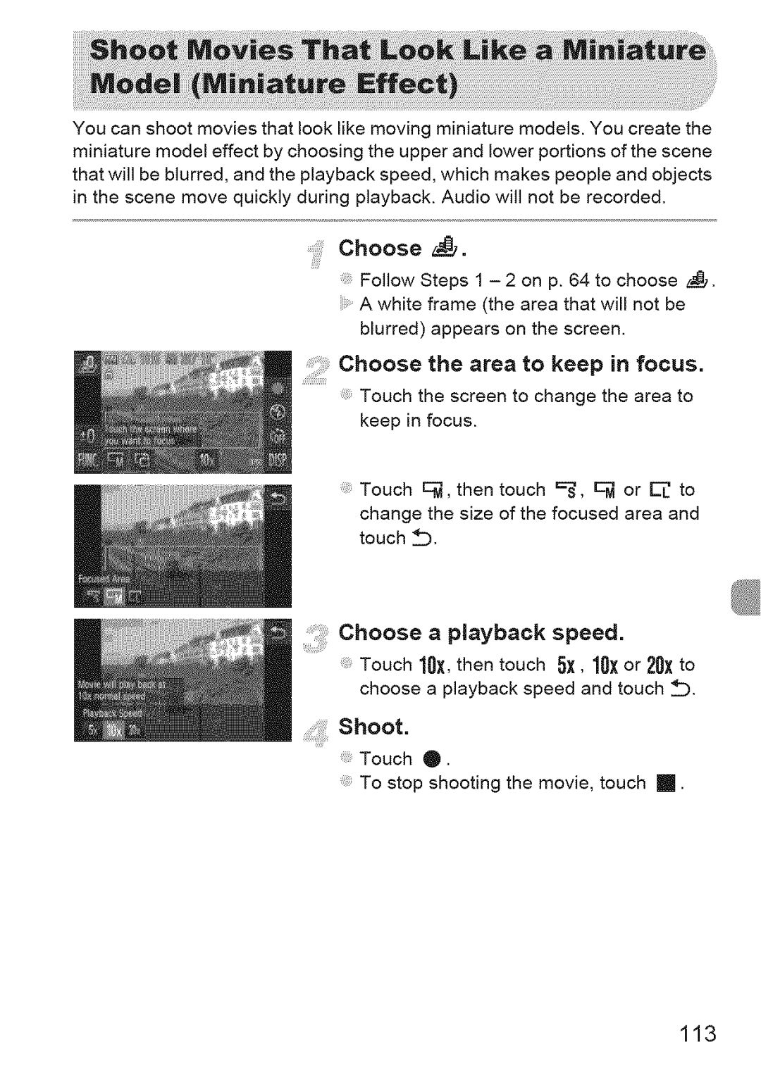 Canon 310 HS, ELIPH 500 HS manual Choose the area to keep in focus, Choose a playback speed, 113 