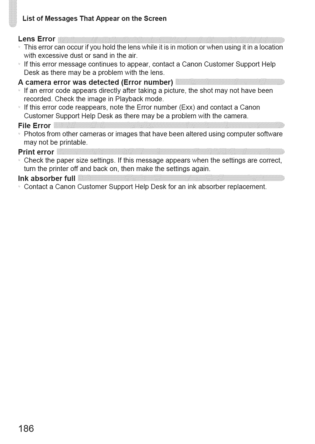 Canon ELIPH 500 HS, 310 HS manual 186, List of Messages That Appear on the Screen Lens Error 