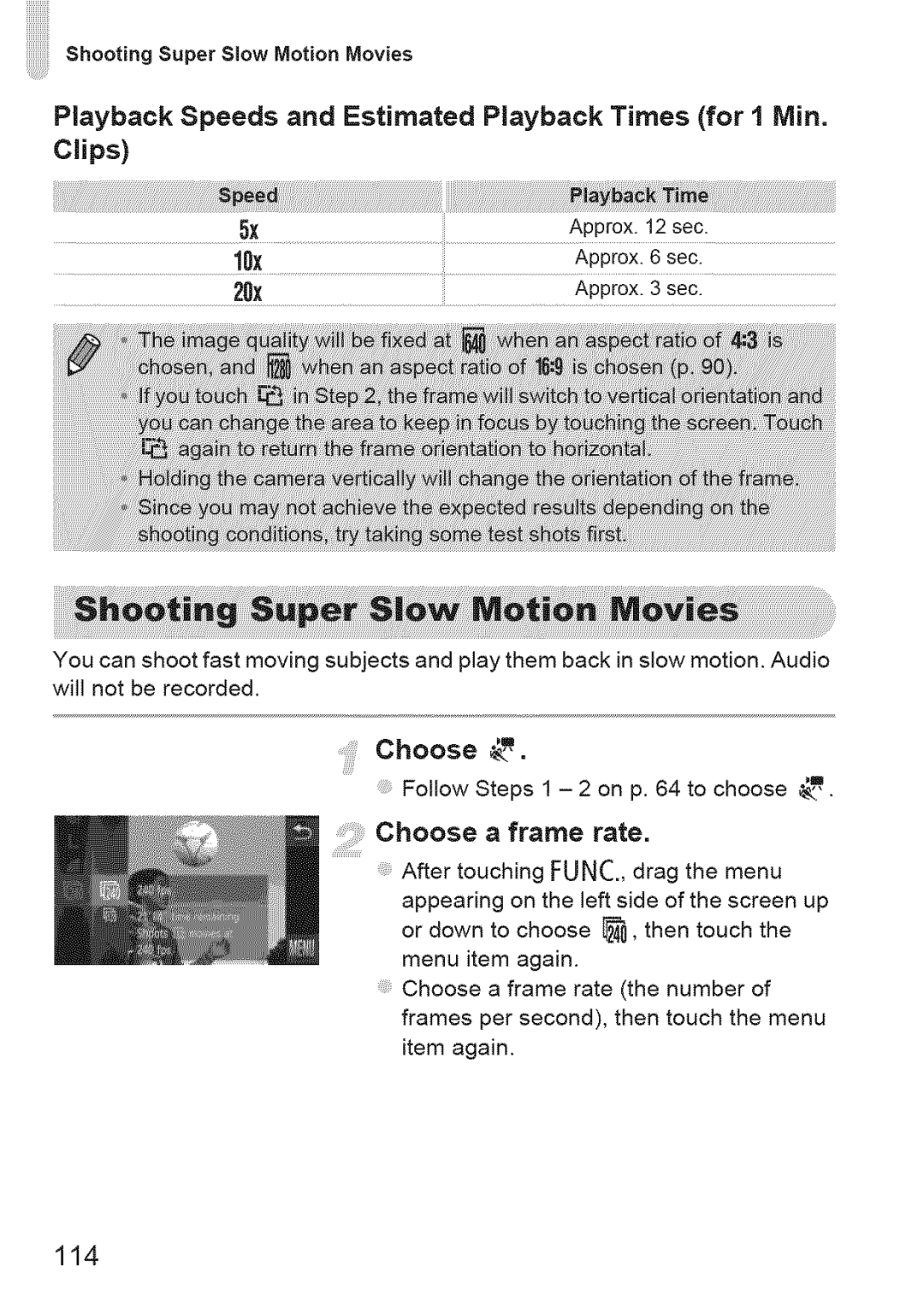 Canon ELIPH 500 HS, 310 HS Oot=ngS.perSNowMot=onMovies, Playback Speeds and Estimated Playback Times for 1 Min, Clips, 114 