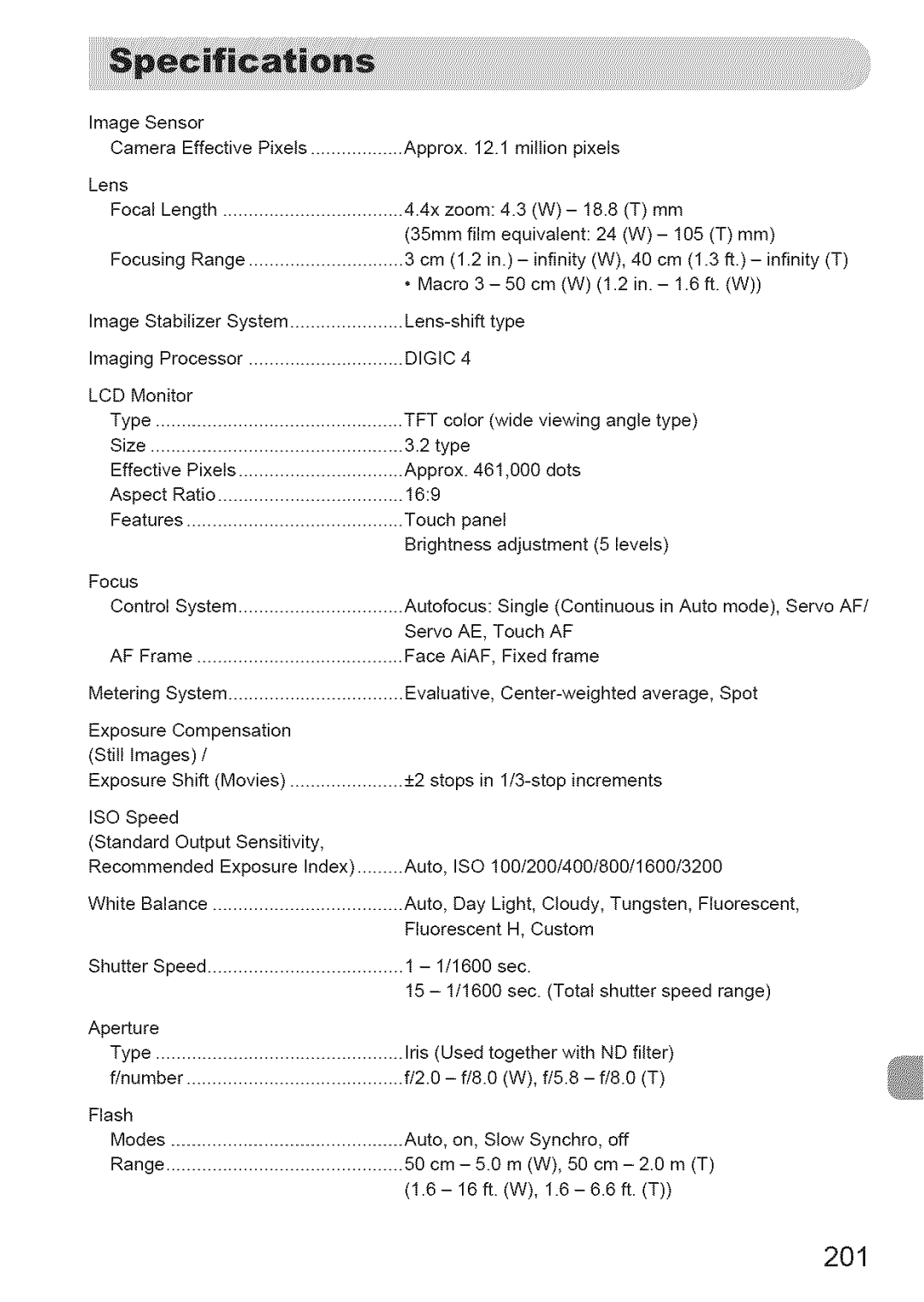 Canon 310 HS, ELIPH 500 HS manual 201, Tft 