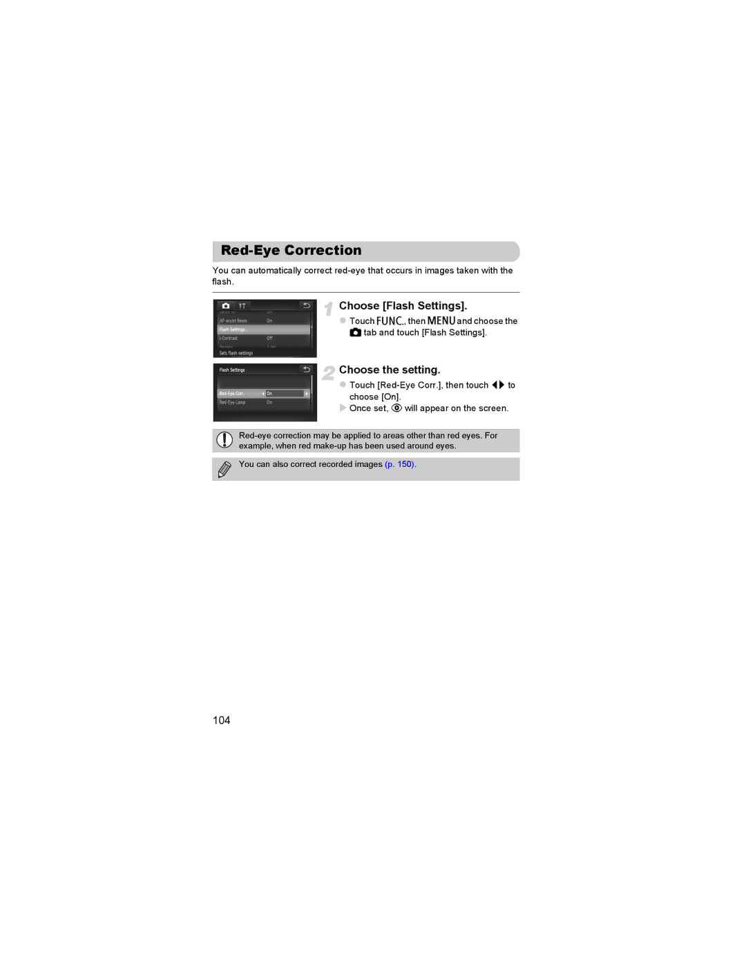 Canon 310 HS manual Red-Eye Correction, Choose Flash Settings, 104 