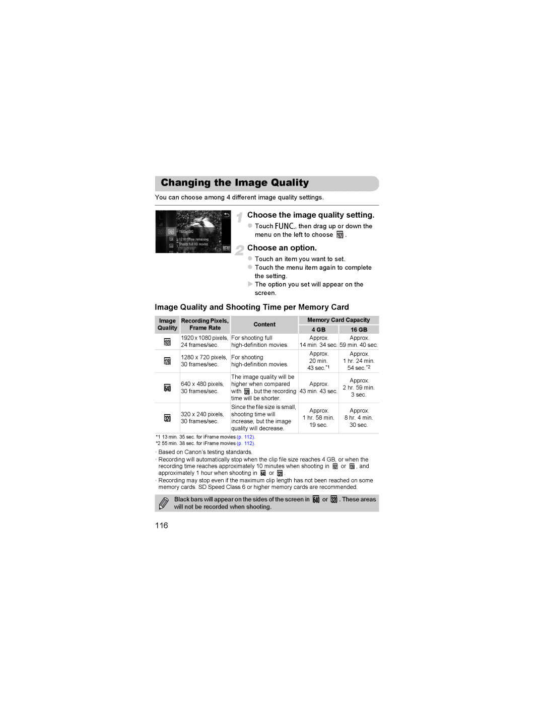 Canon 310 HS Changing the Image Quality, Choose the image quality setting, Image Quality and Shooting Time per Memory Card 