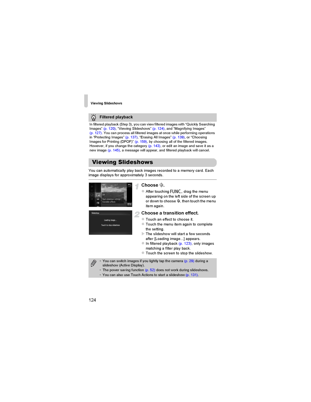 Canon 310 HS manual Viewing Slideshows, Choose a transition effect, 124, Filtered playback 