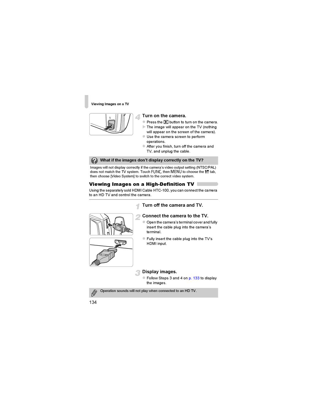 Canon 310 HS Viewing Images on a High-Definition TV, Display images, 134, Follow Steps 3 and 4 on p to display the images 