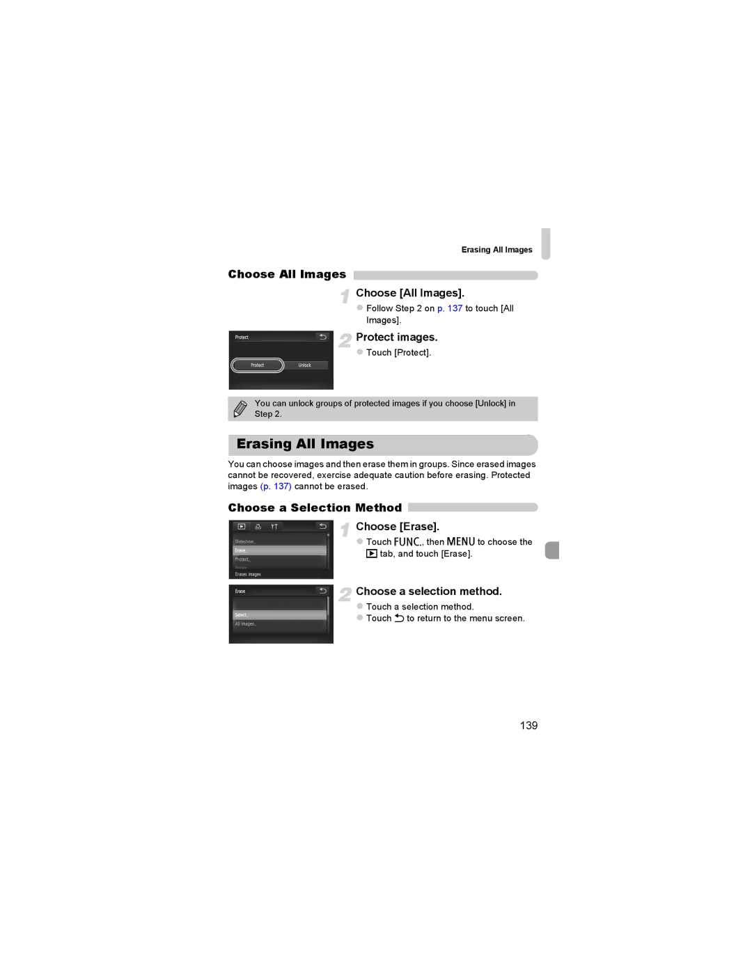 Canon 310 HS manual Erasing All Images, Choose All Images, Choose a Selection Method 