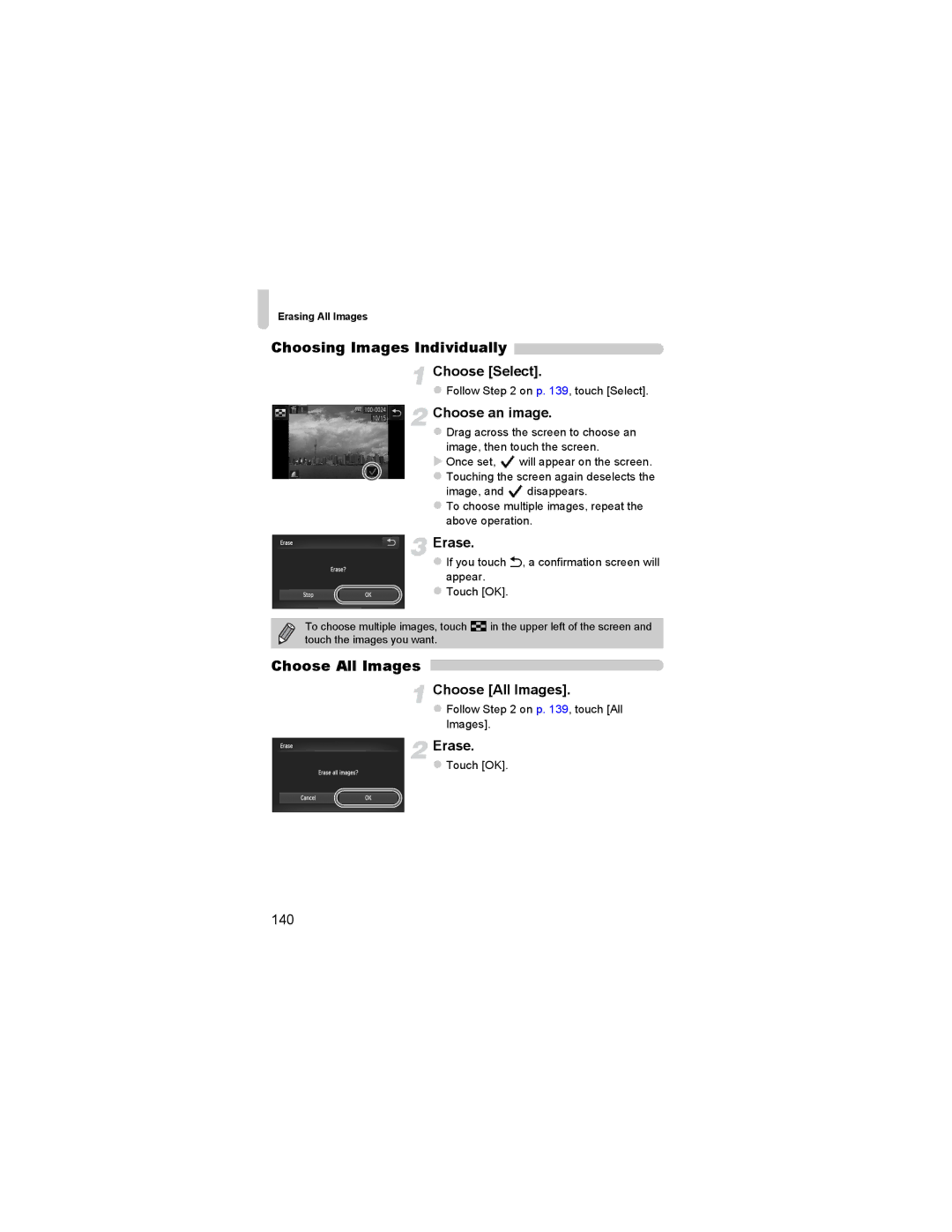 Canon 310 HS manual Erase, 140, Follow on p , touch Select, If you touch Ú, a confirmation screen will appear Touch OK 