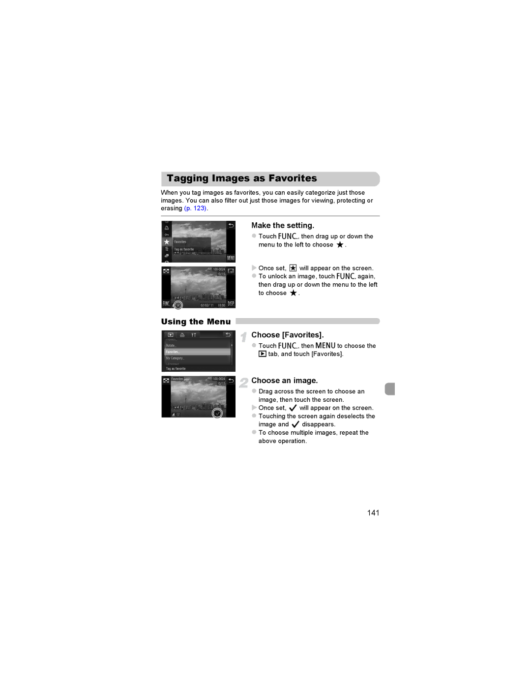 Canon 310 HS manual Tagging Images as Favorites, Make the setting, Choose Favorites, 141 