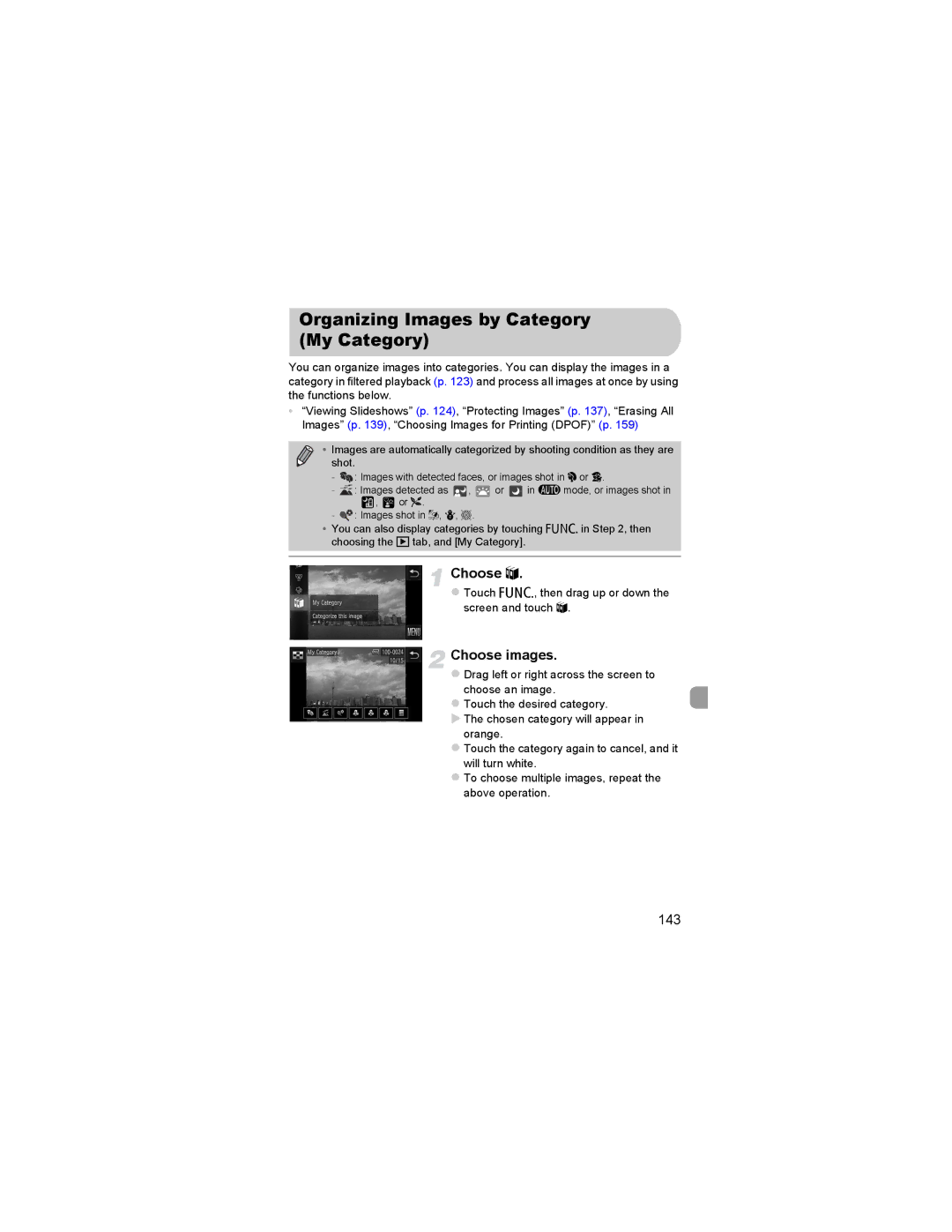 Canon 310 HS manual Organizing Images by Category My Category, 143, Touch ø, then drag up or down the screen and touch 