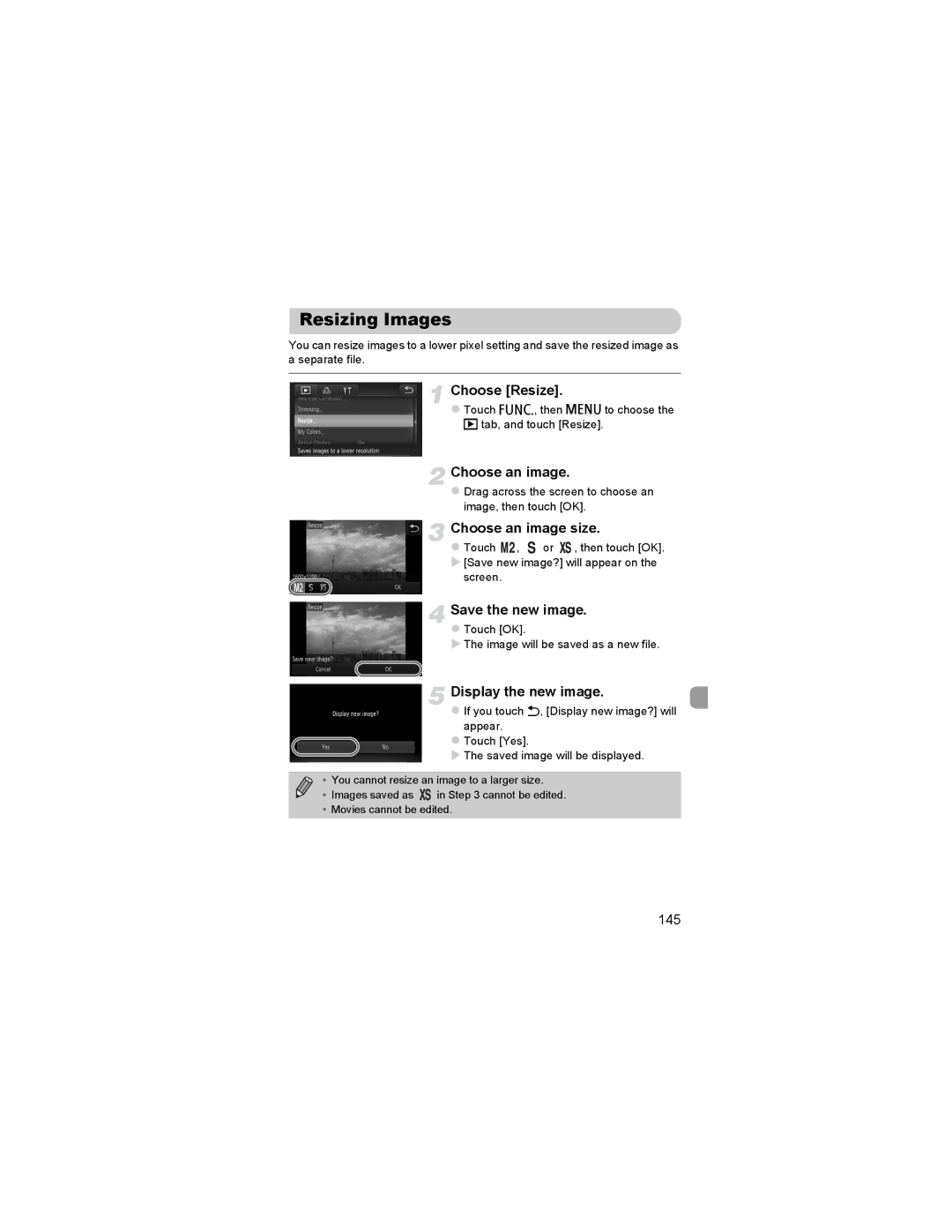 Canon 310 HS manual Resizing Images, Choose Resize, Choose an image size, Save the new image, Display the new image 