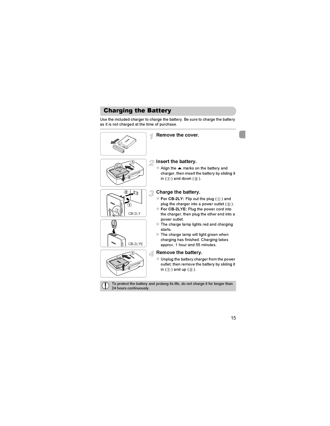 Canon 310 HS manual Charging the Battery, Remove the cover Insert the battery, Charge the battery, Remove the battery 