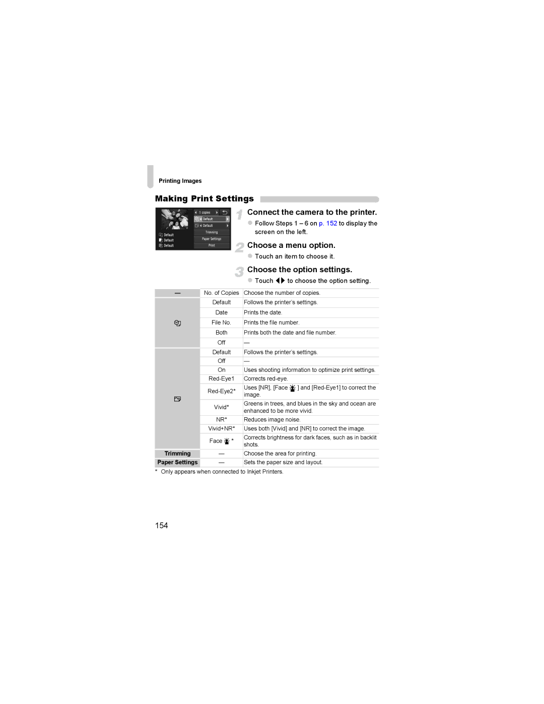 Canon 310 HS manual Making Print Settings, Choose a menu option, Choose the option settings, 154, Screen on the left 