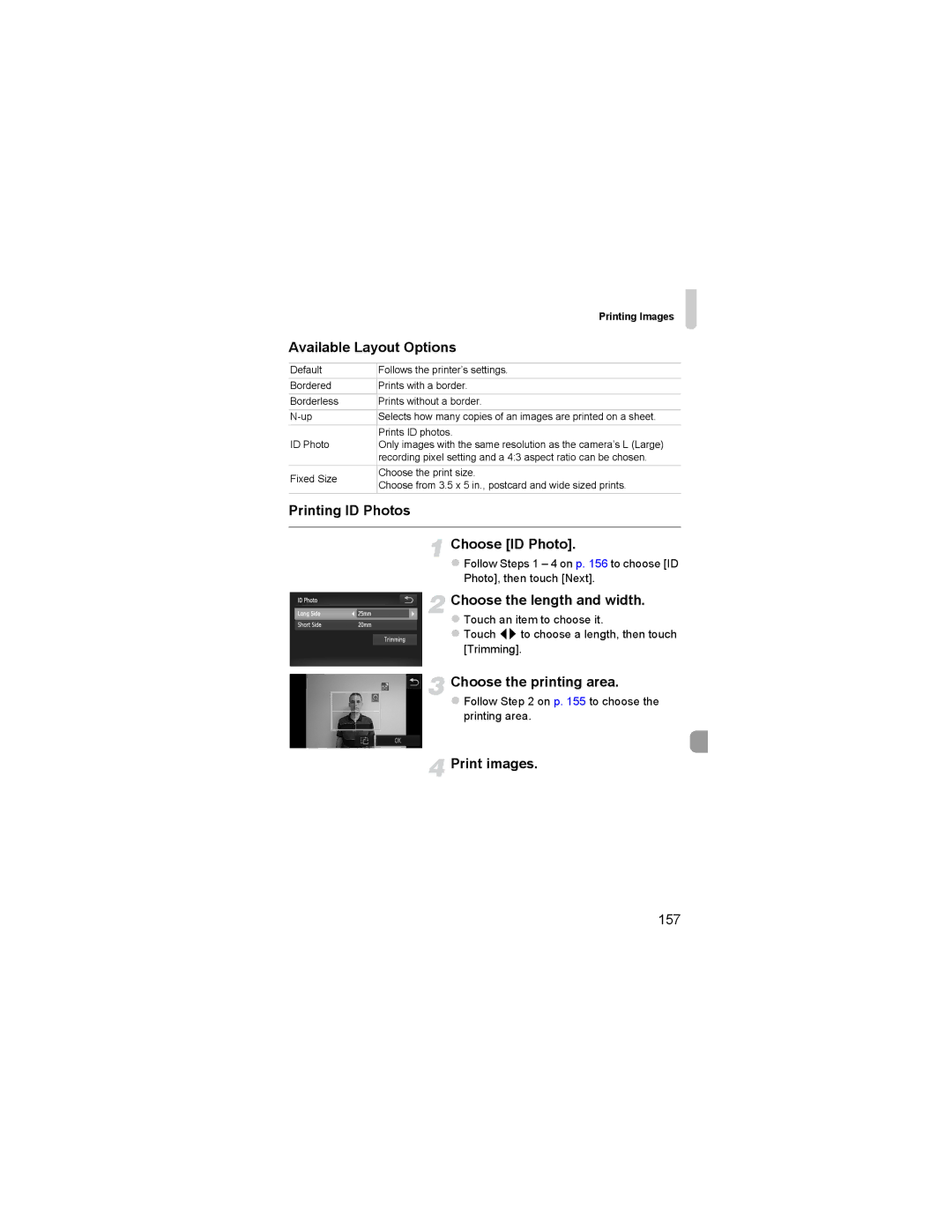 Canon 310 HS manual Available Layout Options, Printing ID Photos Choose ID Photo, Choose the length and width, 157 