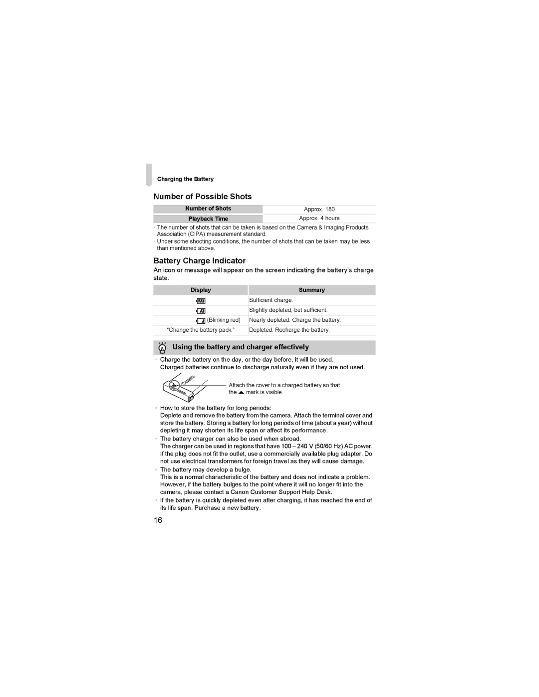 Canon 310 HS manual Number of Possible Shots, Battery Charge Indicator, Using the battery and charger effectively 