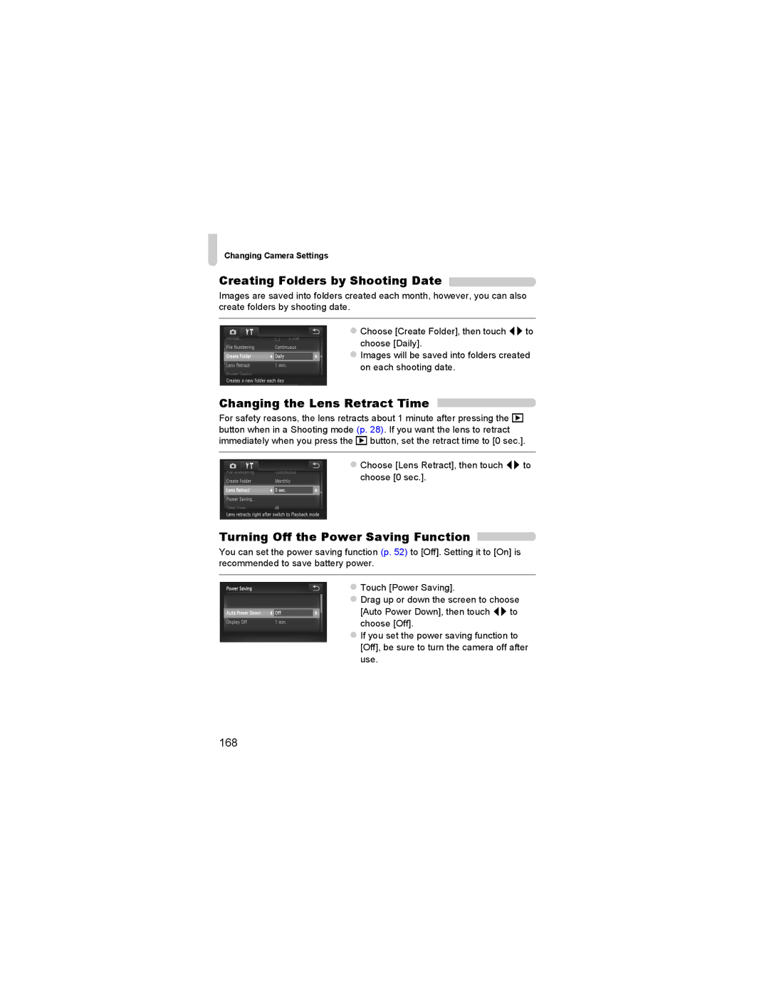 Canon 310 HS Creating Folders by Shooting Date, Changing the Lens Retract Time, Turning Off the Power Saving Function, 168 