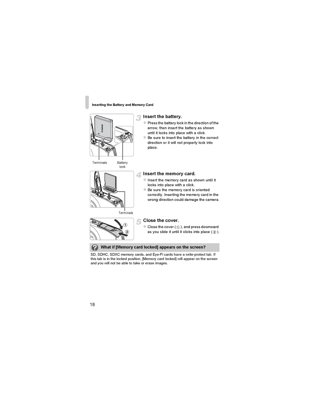 Canon 310 HS manual Insert the memory card, Close the cover, What if Memory card locked appears on the screen? 