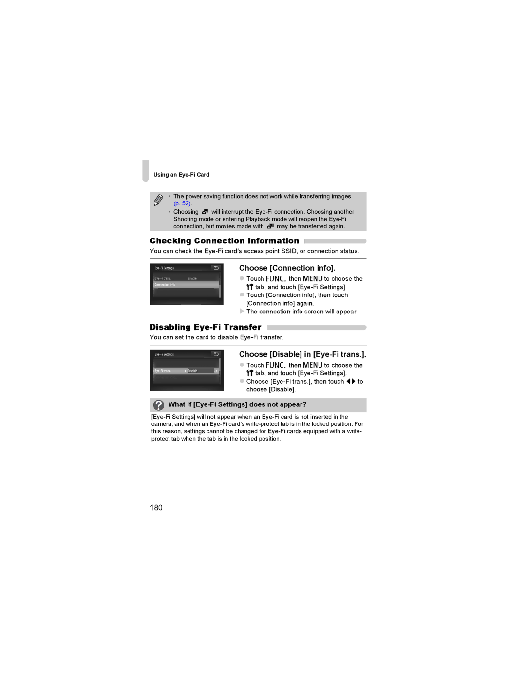 Canon 310 HS manual Checking Connection Information, Disabling Eye-Fi Transfer, Choose Connection info, 180 