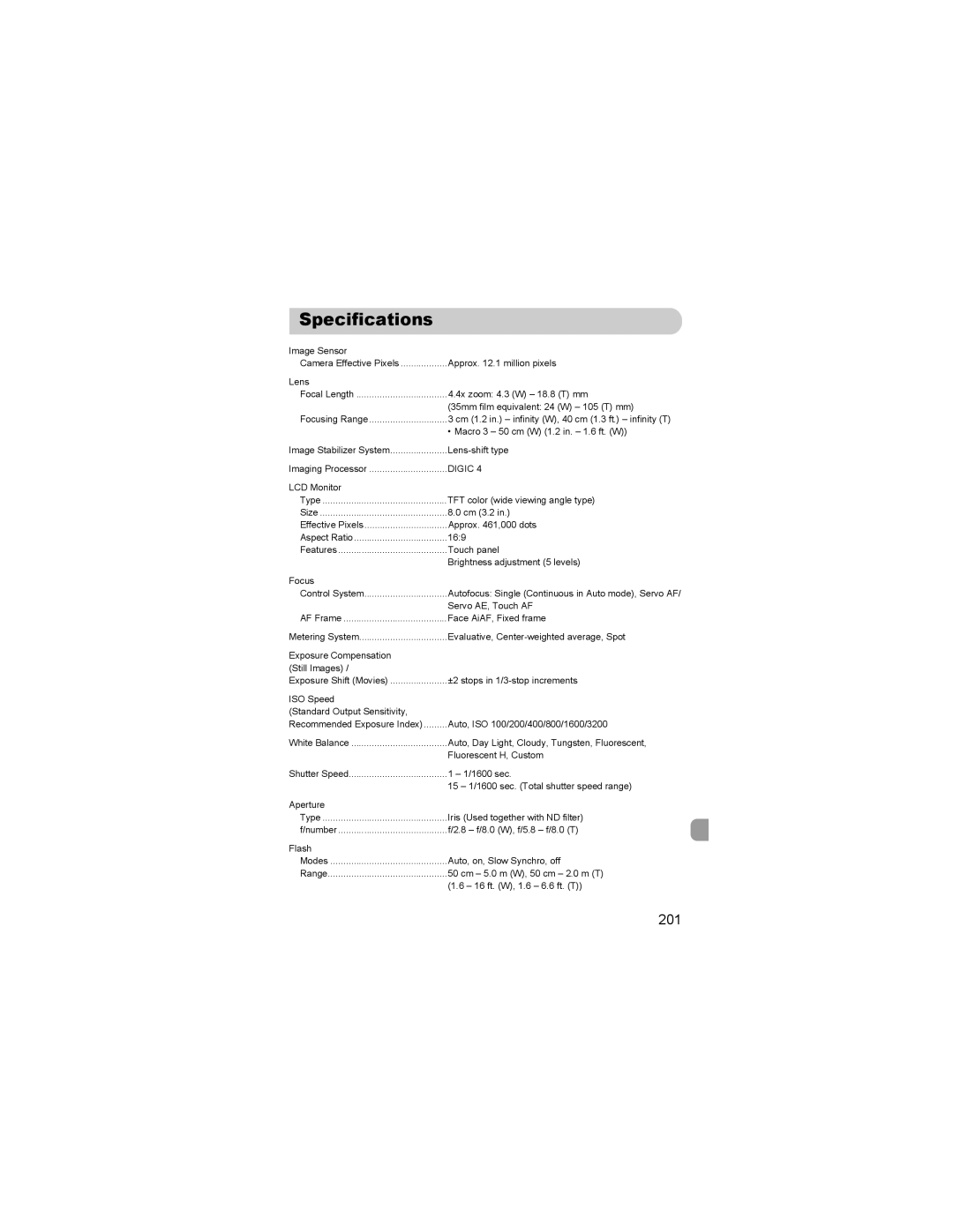 Canon 310 HS manual Specifications, 201 