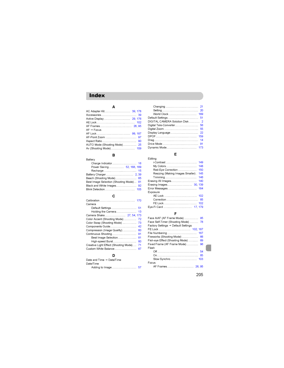 Canon 310 HS manual Index, 205 