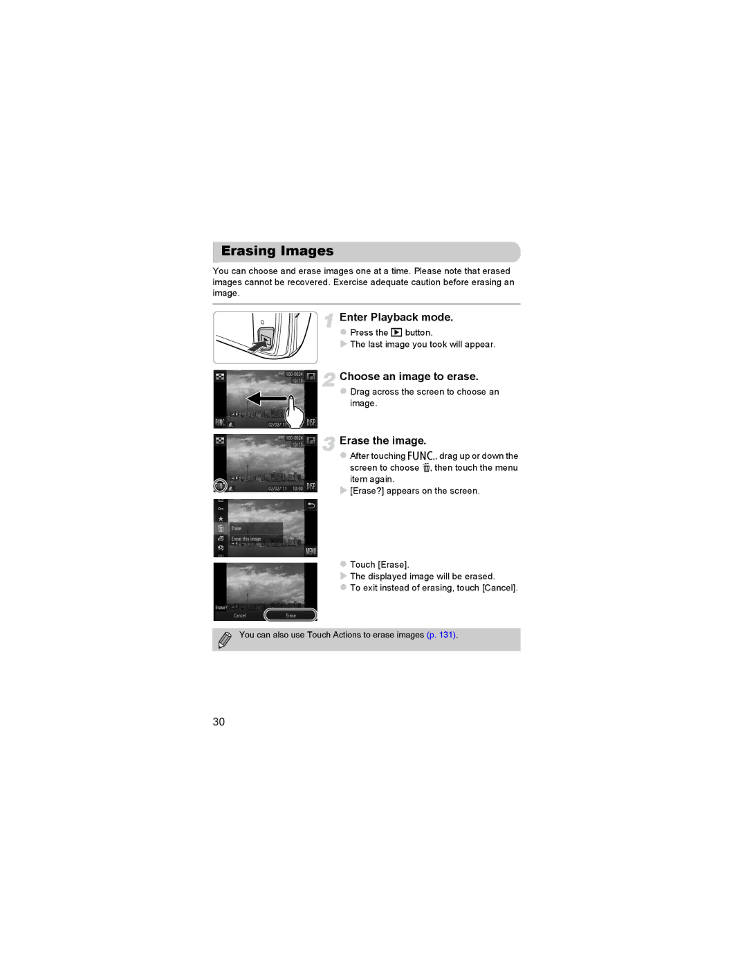 Canon 310 HS manual Erasing Images, Choose an image to erase, Erase the image, Drag across the screen to choose an Image 