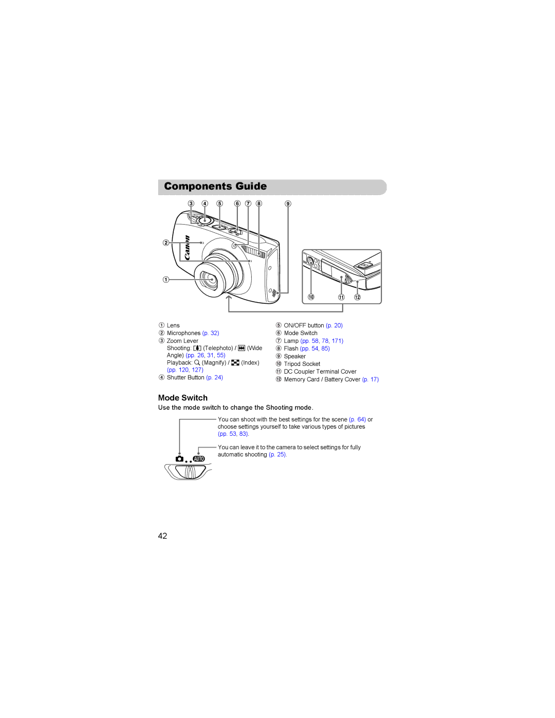 Canon 310 HS manual Components Guide, Mode Switch, Use the mode switch to change the Shooting mode 