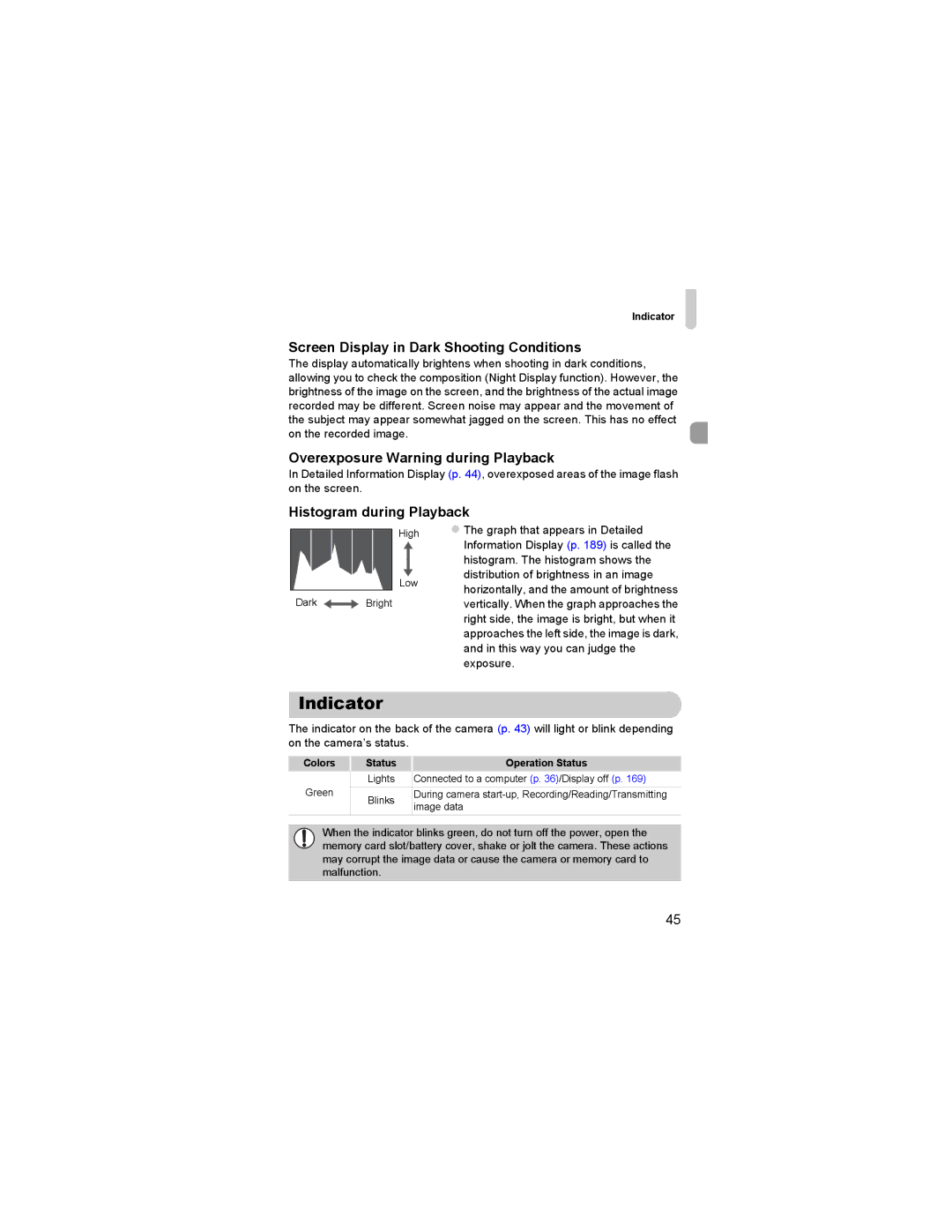 Canon 310 HS manual Indicator, Screen Display in Dark Shooting Conditions, Overexposure Warning during Playback 