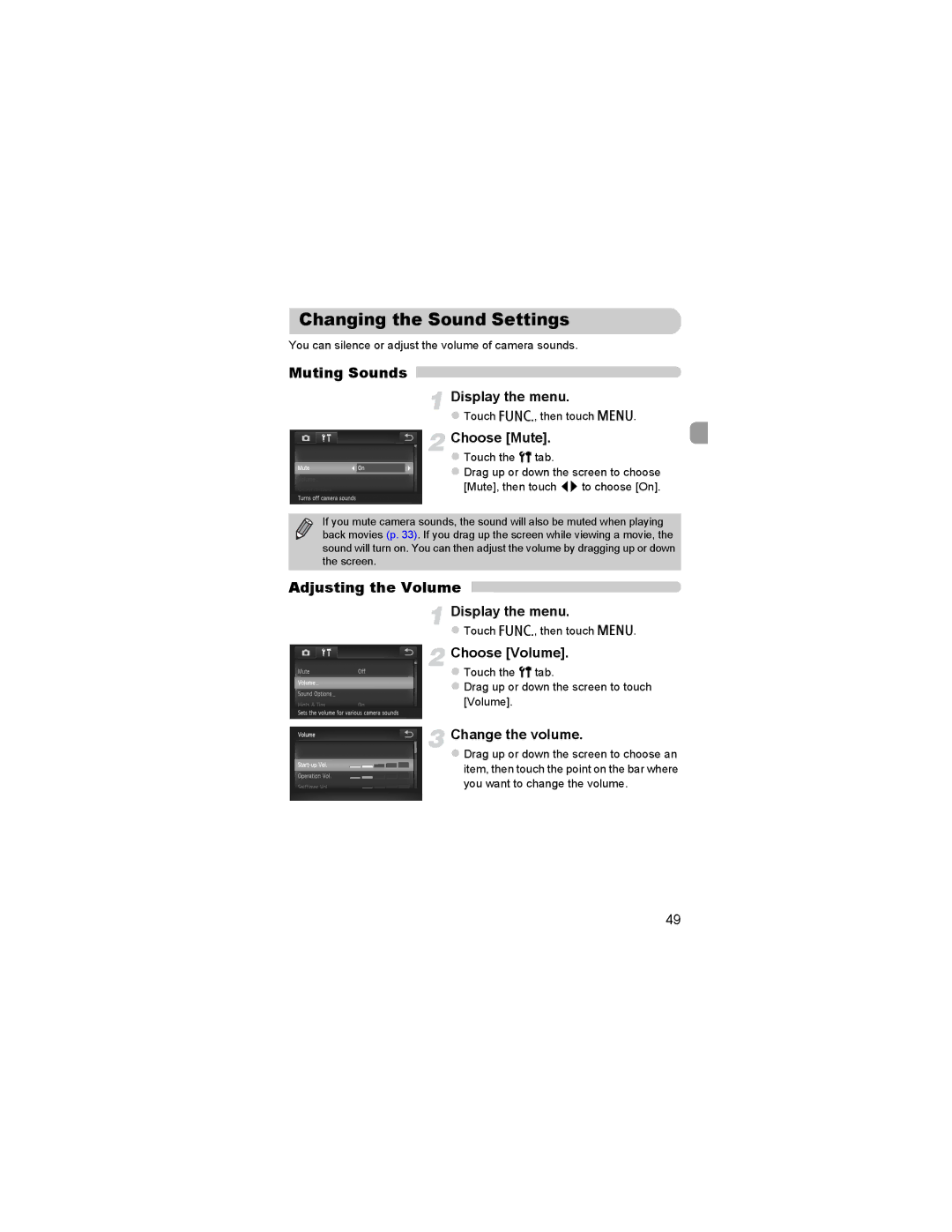 Canon 310 HS manual Changing the Sound Settings, Muting Sounds, Adjusting the Volume 