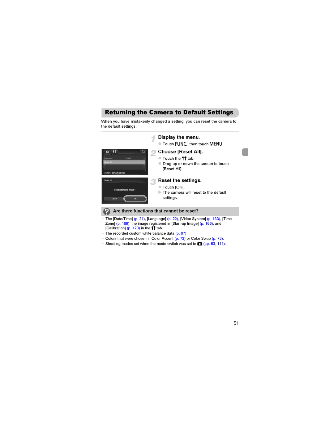 Canon 310 HS manual Returning the Camera to Default Settings, Choose Reset All, Reset the settings 